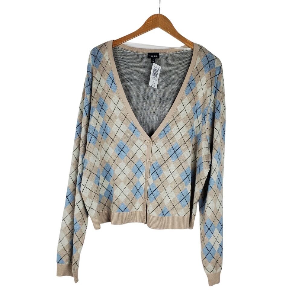 NEW Torrid Jacquard Shrug Cardigan Sweater Plus Sz 3X Sandstone Plaid Long Sleev - Picture 2 of 15